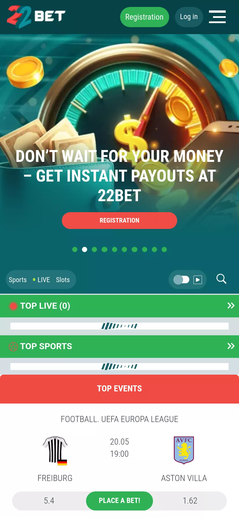 Mobile screen. 22 Bet Up to $1500 + 150 FS