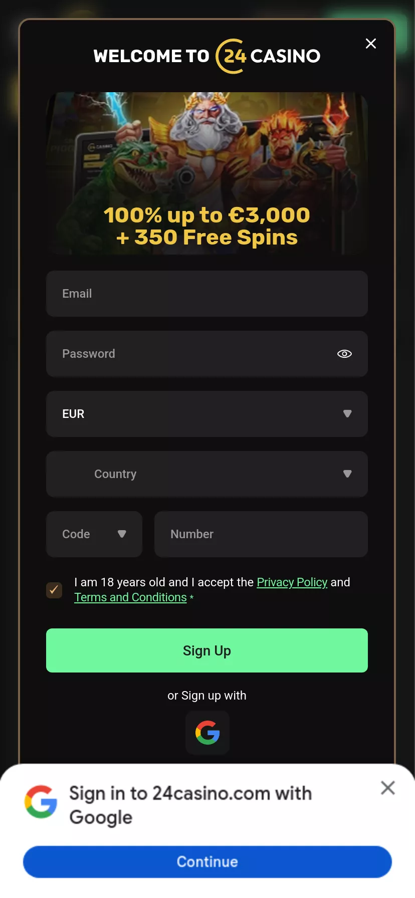 Mobile screen. 24 Casino Up to $3000 + 350 FS