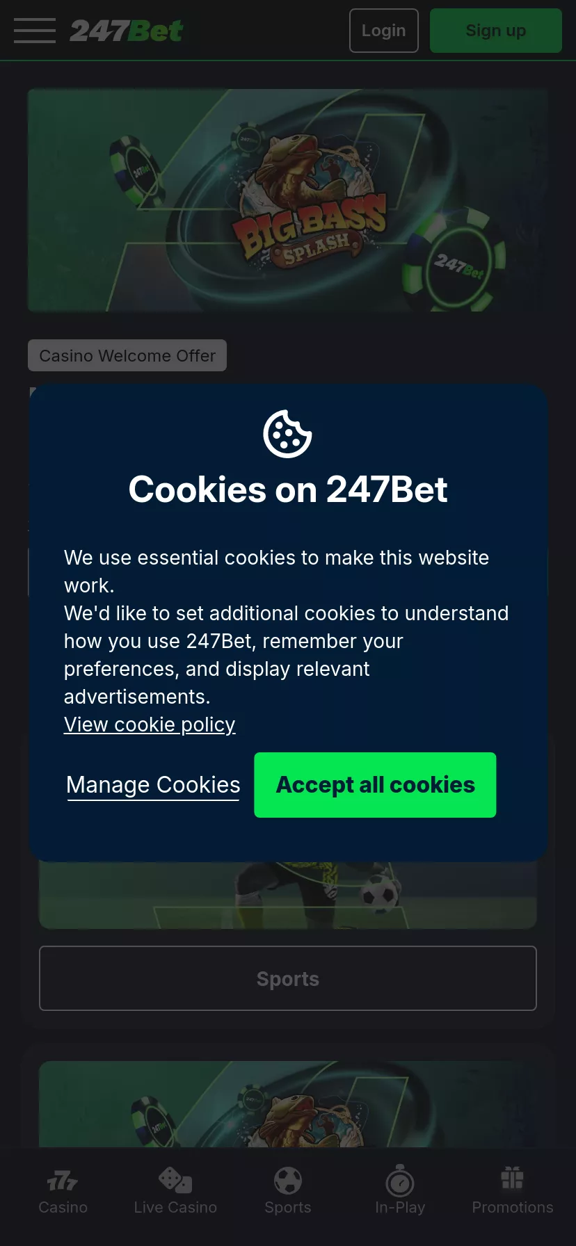 Mobile screen. 247 Bet 100% up to $247 + 100 FS