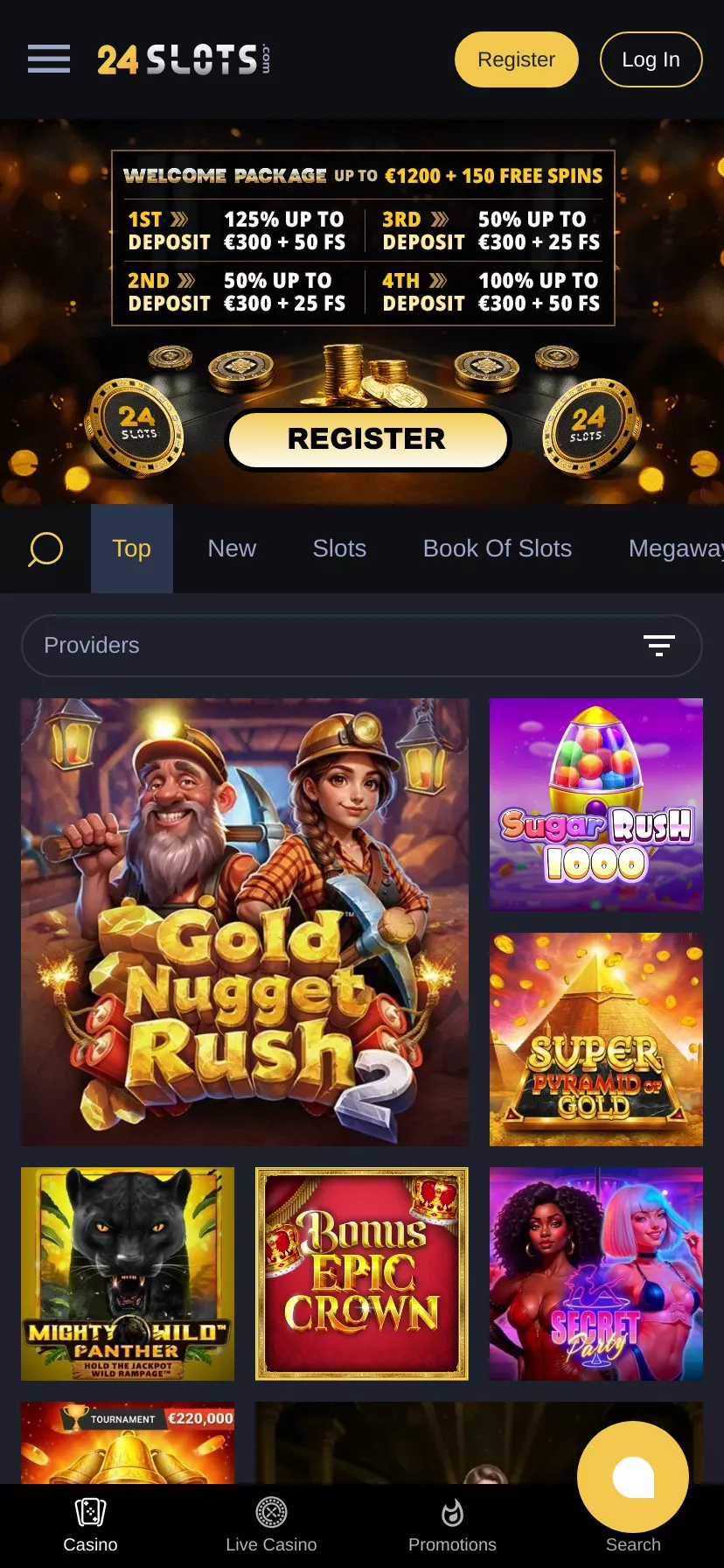 Mobile screen. 24slots Casino Up to $1200 + 150 FS