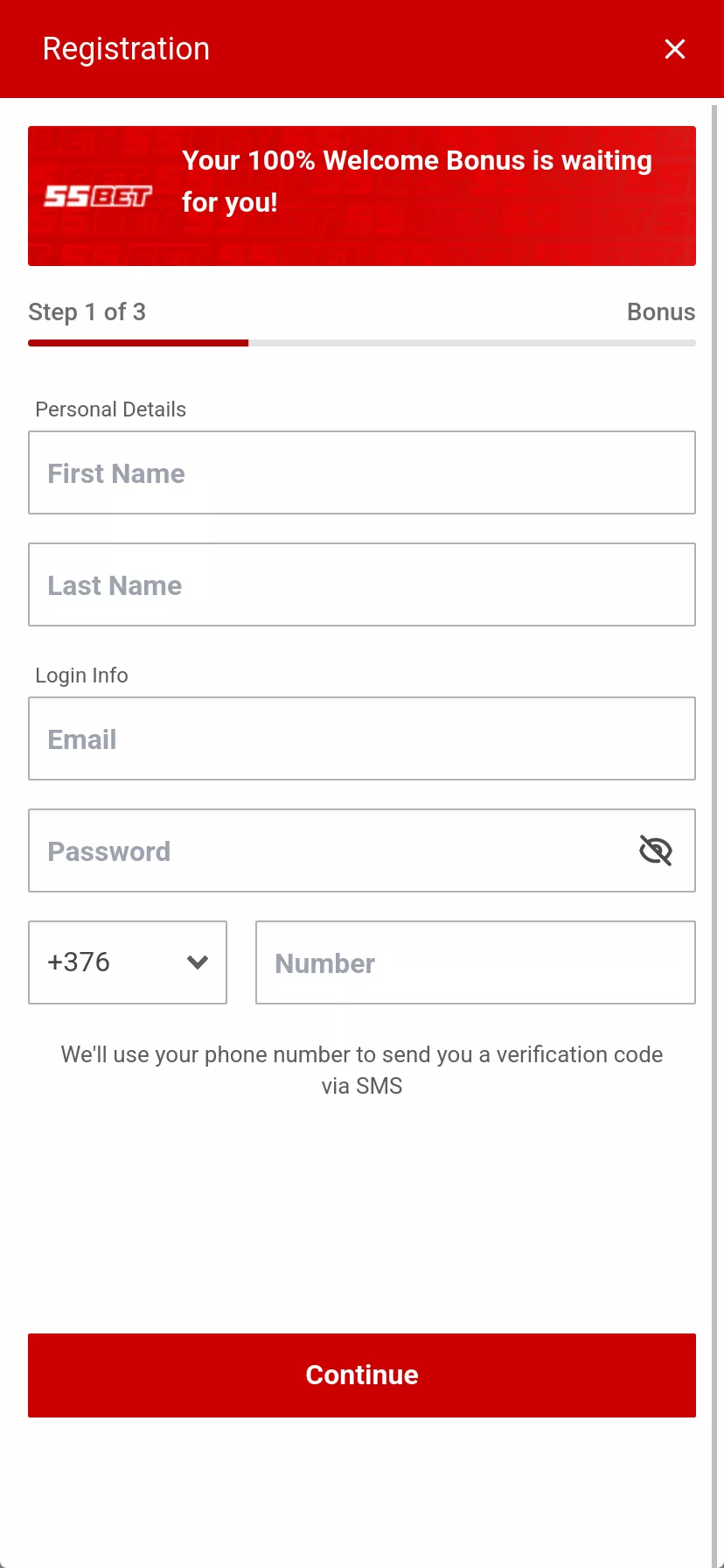 Mobile screen. 55BET 100% up to $100