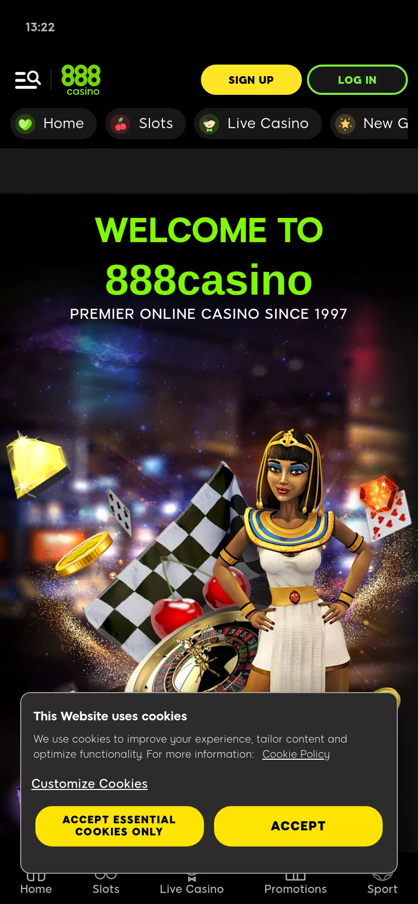 Mobile screen. 888 Casino 100% up to $500 + 100 FS