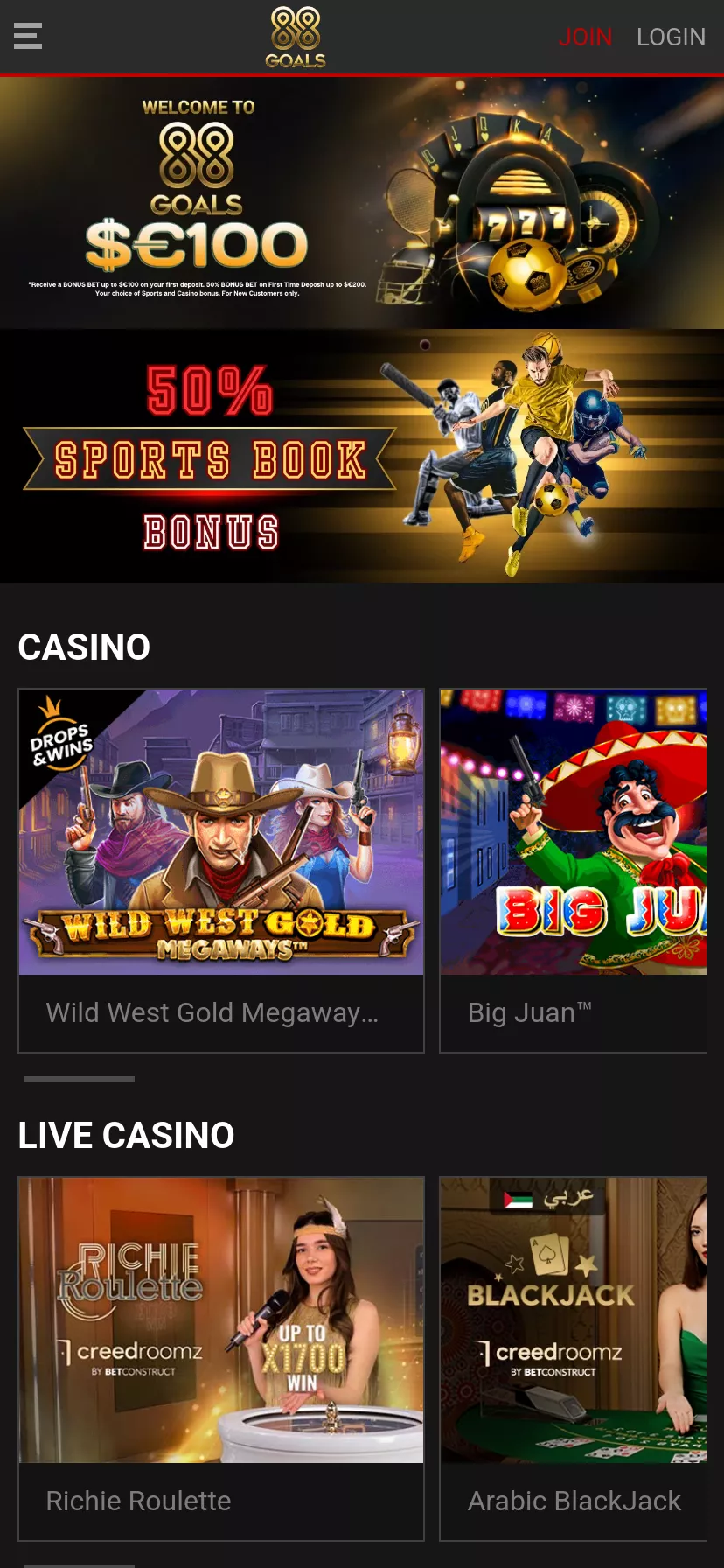Mobile screen. 88goals Casino 50% up to $100
