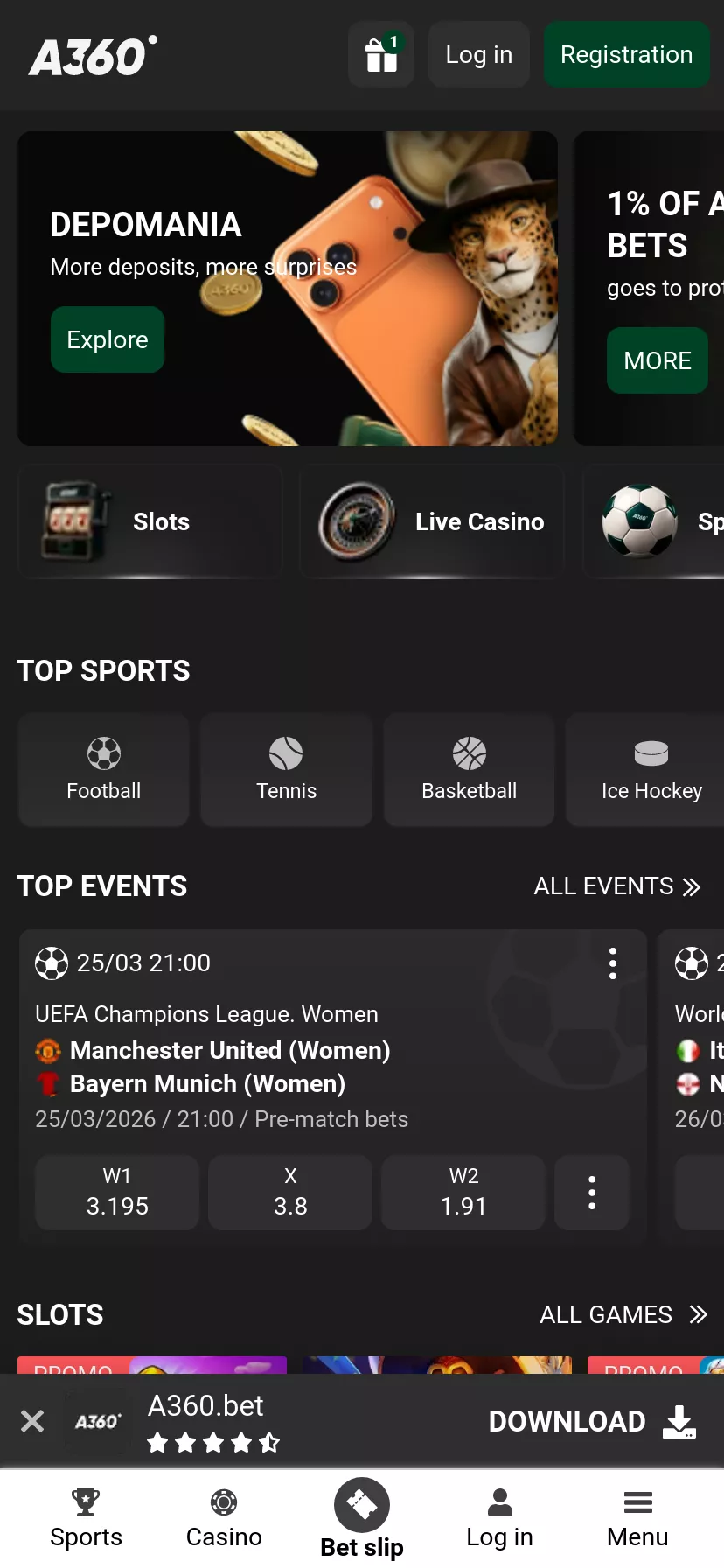 Mobile screen. A360 Casino Hasta $1885000 + 150 FS