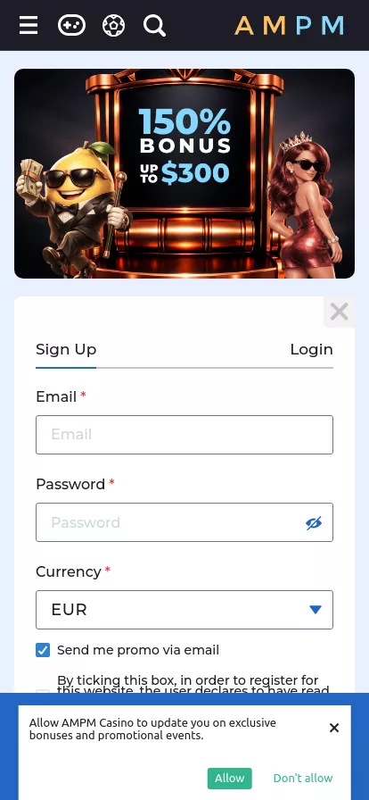 Mobile screen. AMPM Casino Get 55 Free Spins