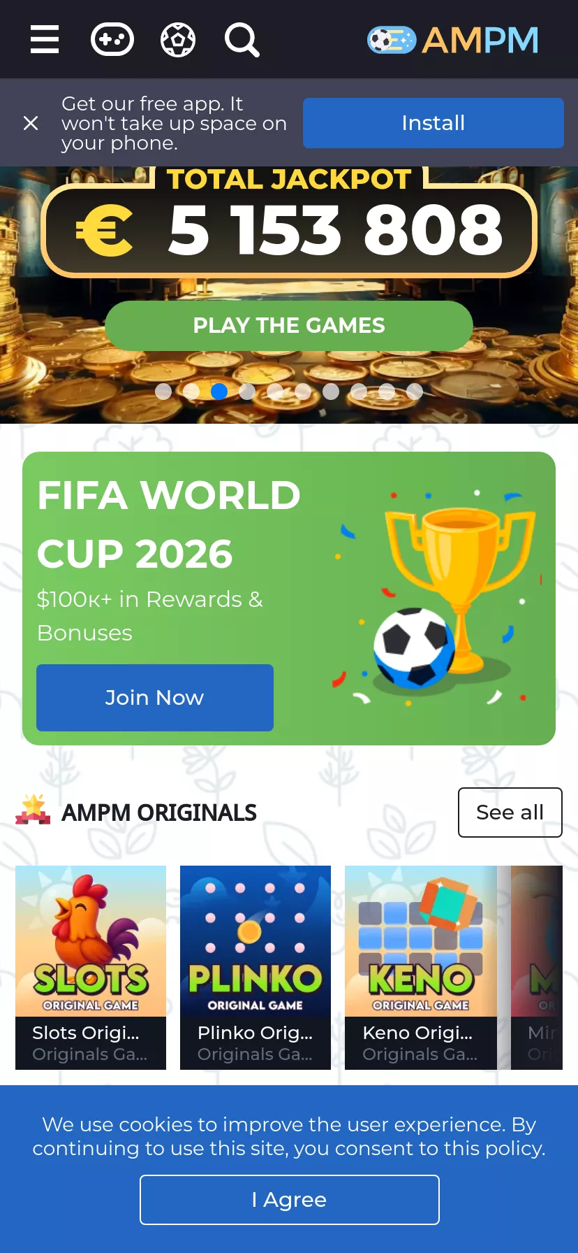 Mobile screen. AMPM Casino Up to 150 FS