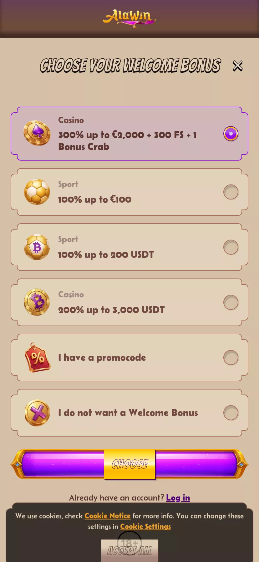 Mobile screen. Alawin Up to $2000 + 300 FS + 1 Bonus Crab