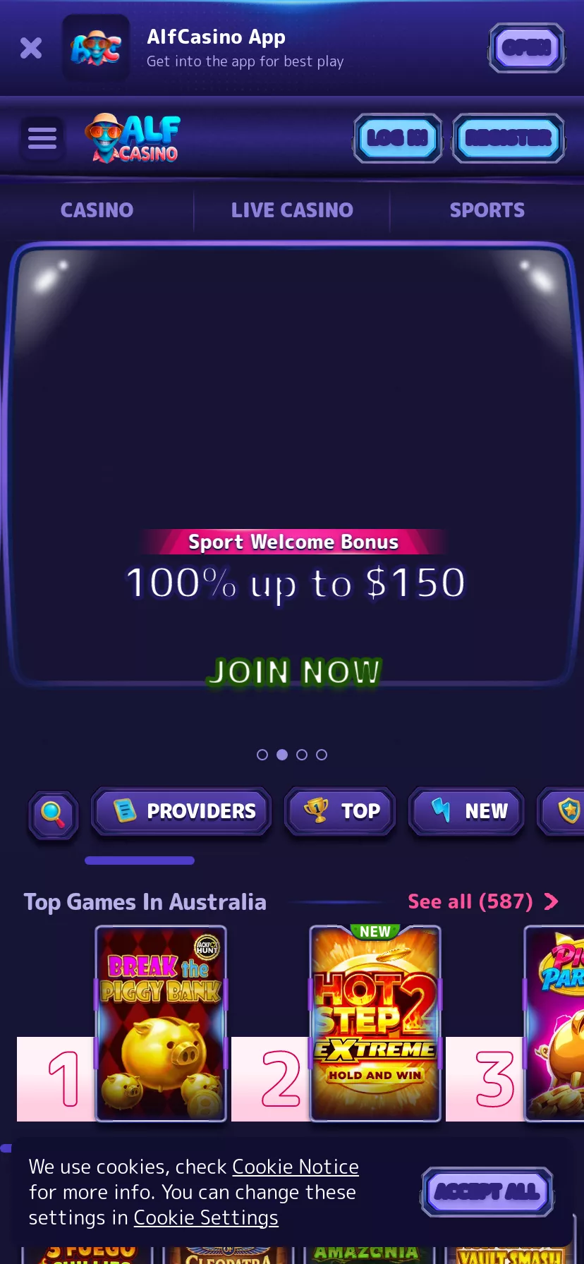 Mobile screen. Alf Casino 100% up to $500 + 200 FS + 1 Bonus Crab