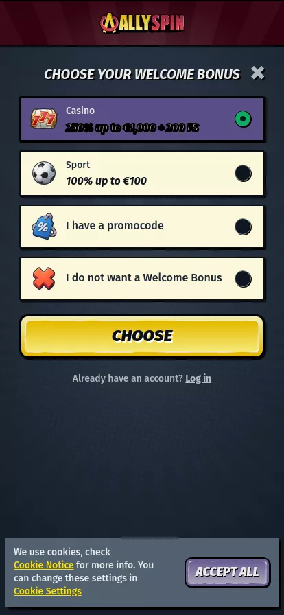 Mobile screen. AllySpin Casino Up to $1000 + 200 FS + 3 Bonus Crab