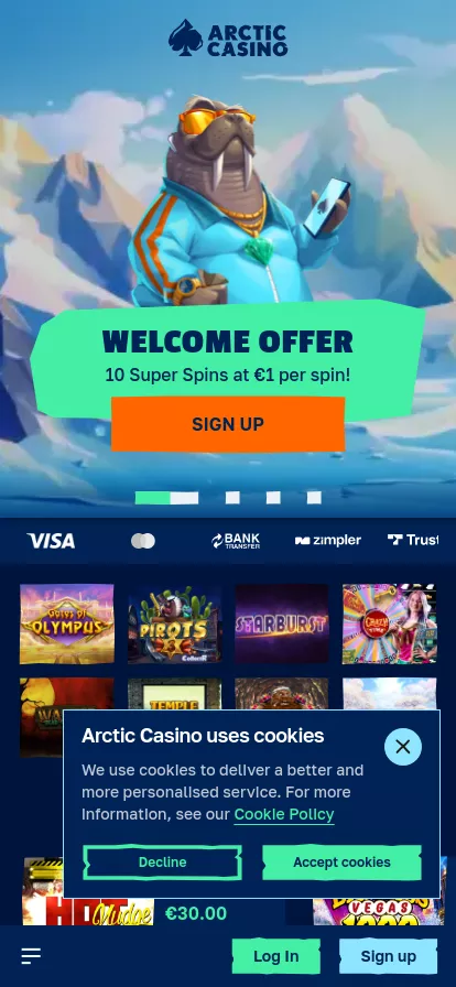Mobile screen. Arctic Casino 100% up to $100 + 100 FS