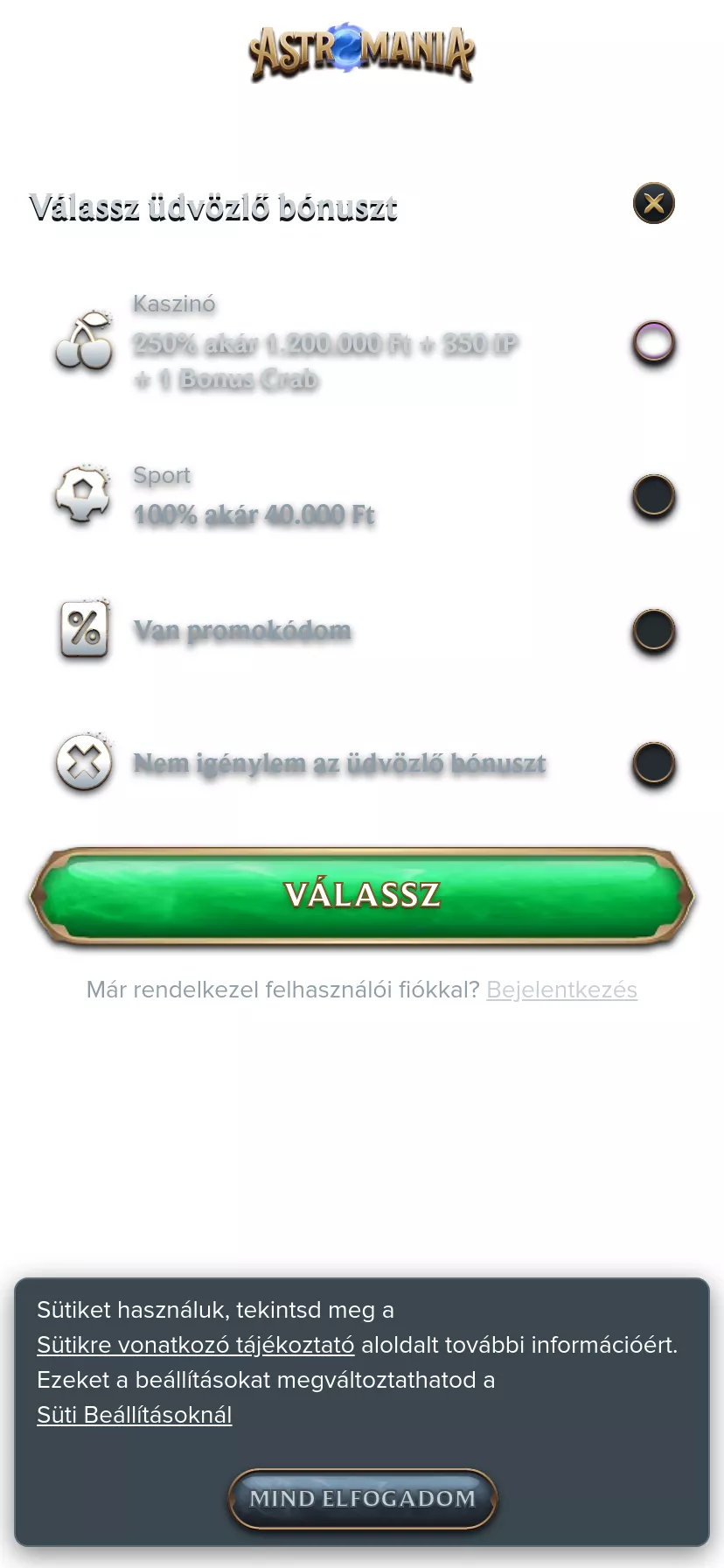 Mobile screen. Astromania Up to $3000 + 350 FS + 1 Bonus Crab
