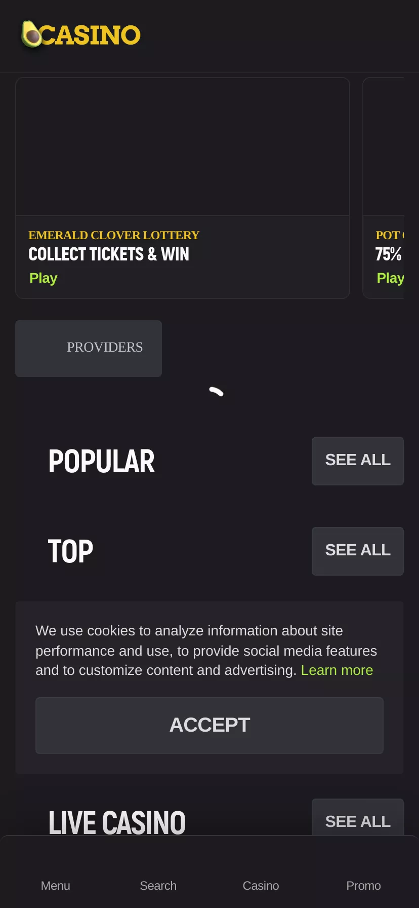 Mobile screen. Avocasino 175% up to $100 + 25 FS