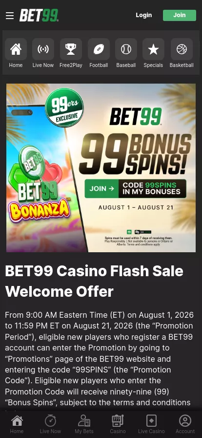 Mobile screen. BET99 100% up to C$1500