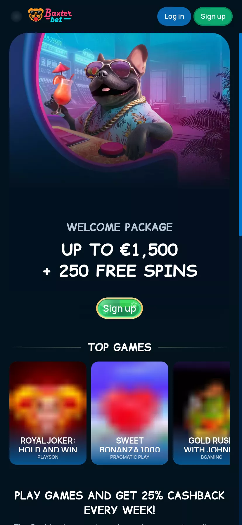 Mobile screen. BaxterBet Up to $1500 + 250 FS