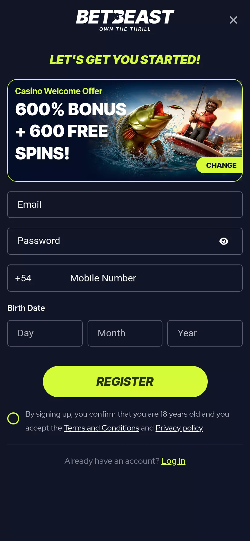 Mobile screen. BetBeast Get 50 FS