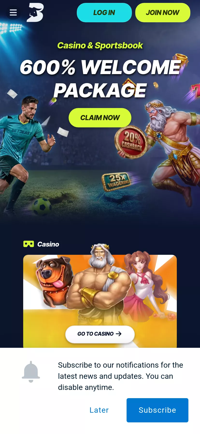 Mobile screen. BetBeast Up to $10000 + 600 FS