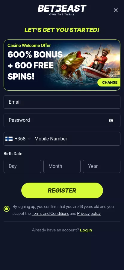 Mobile screen. BetBeast Up to €10000 + 600 FS