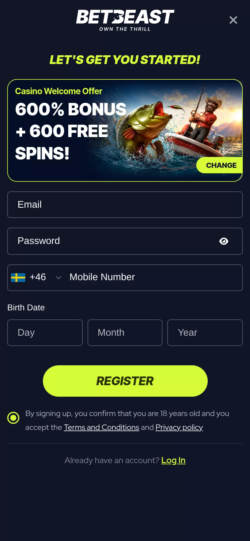 Mobile screen. BetBeast Up to €10000 + 600 FS