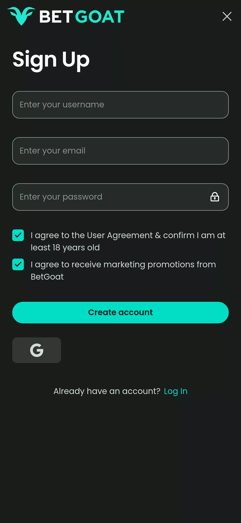 Mobile screen. BetGoat 100% up to ₮1500 + 100 FS