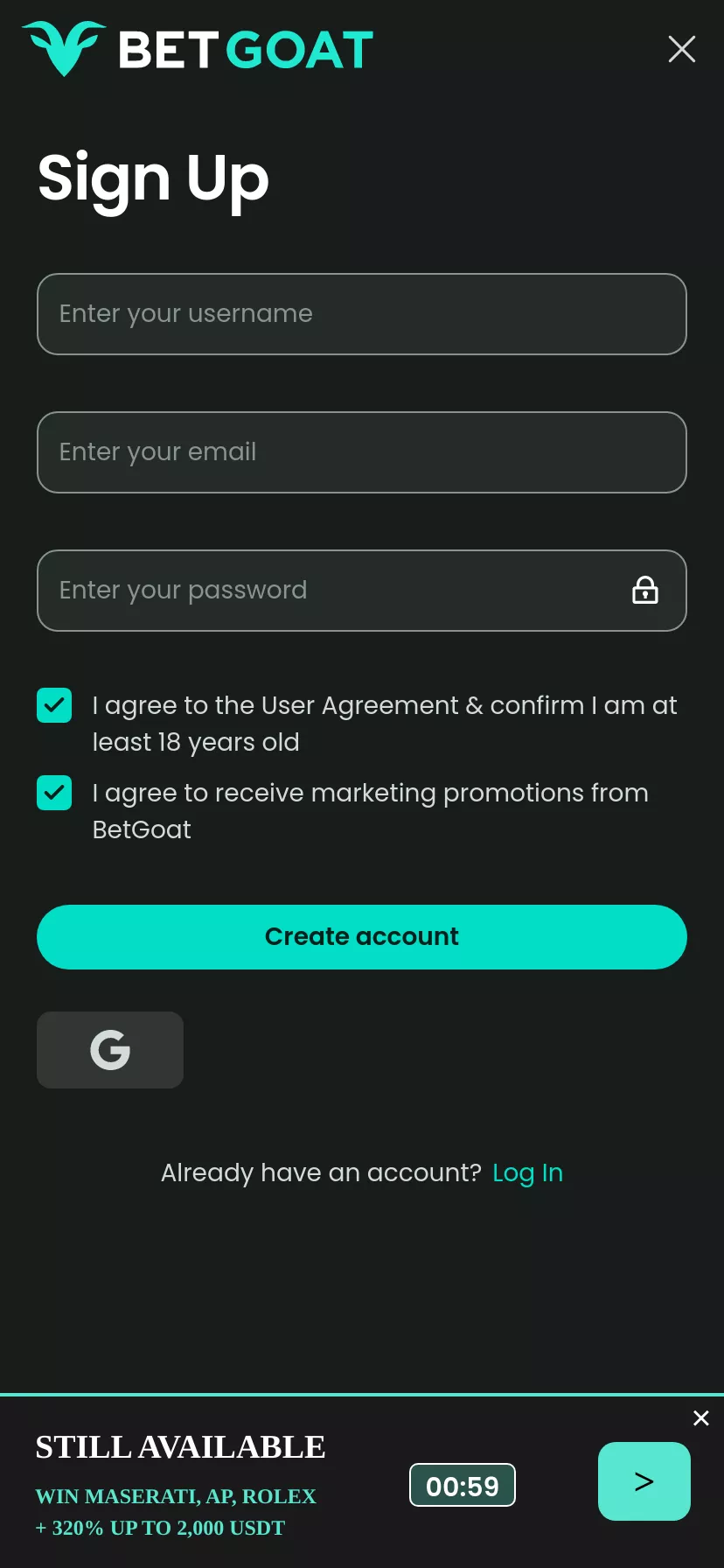 Mobile screen. BetGoat 100% up to ₮1500 + 100 FS