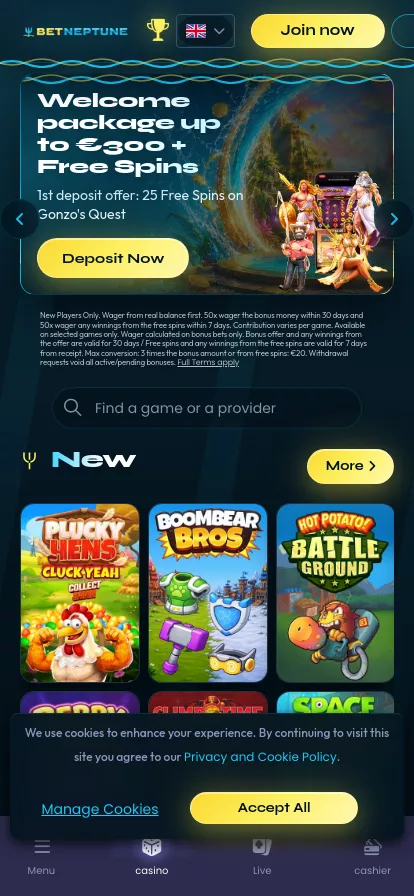Mobile screen. BetNeptune Up to €300 + 50 FS