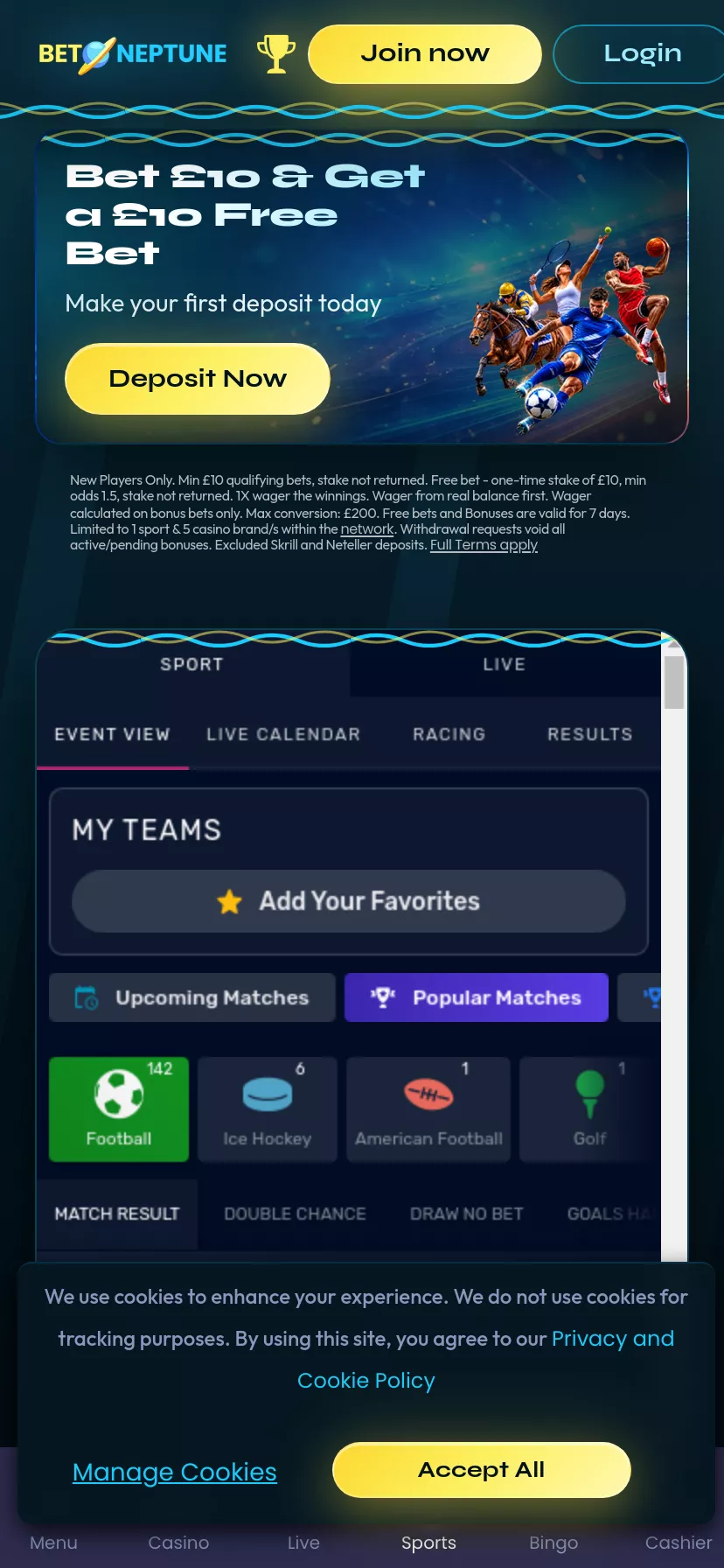 Mobile screen. BetNeptune Up to £300 + 50 FS