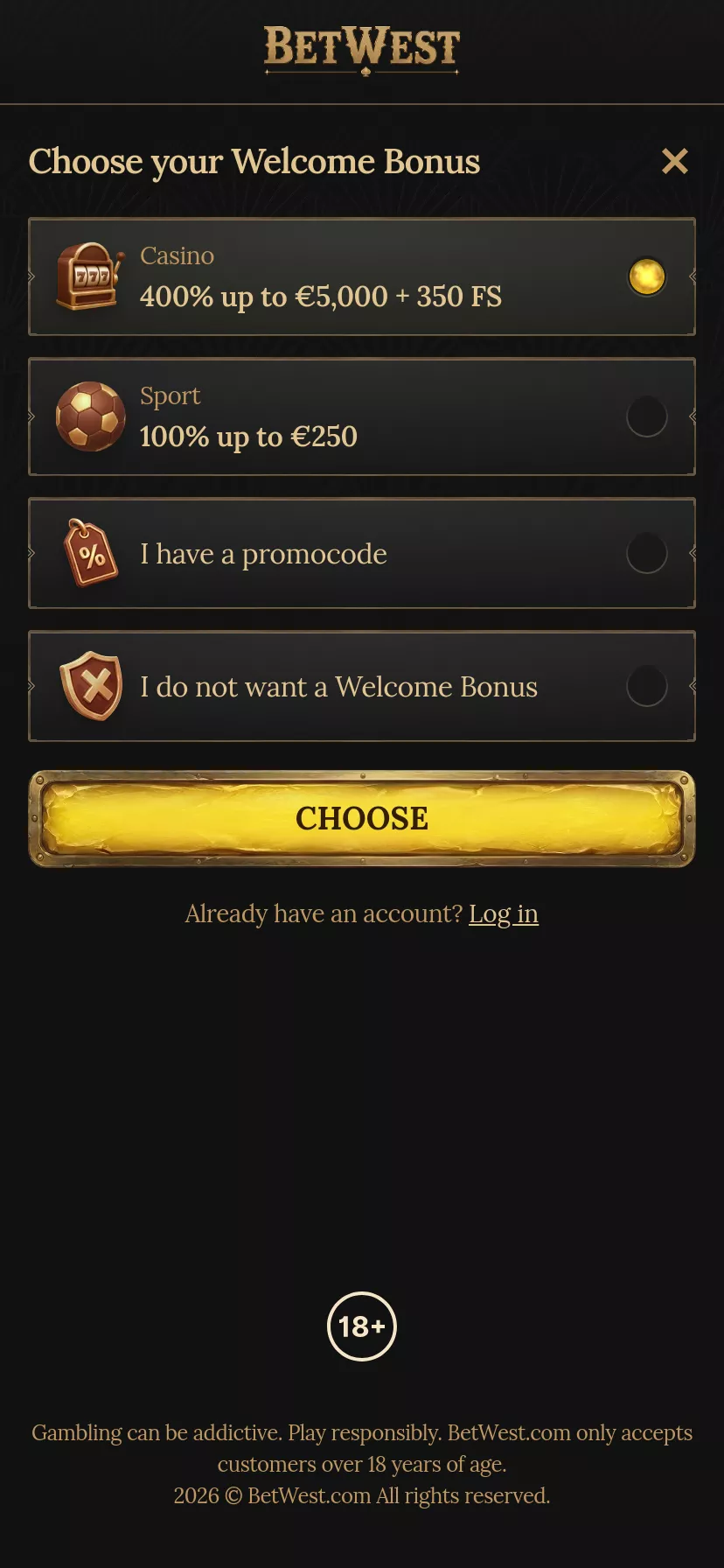 Mobile screen. BetWest Up to €5000 + 350 FS