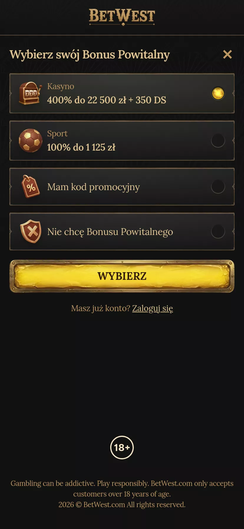 Mobile screen. BetWest Up to zł22500 + 350 FS