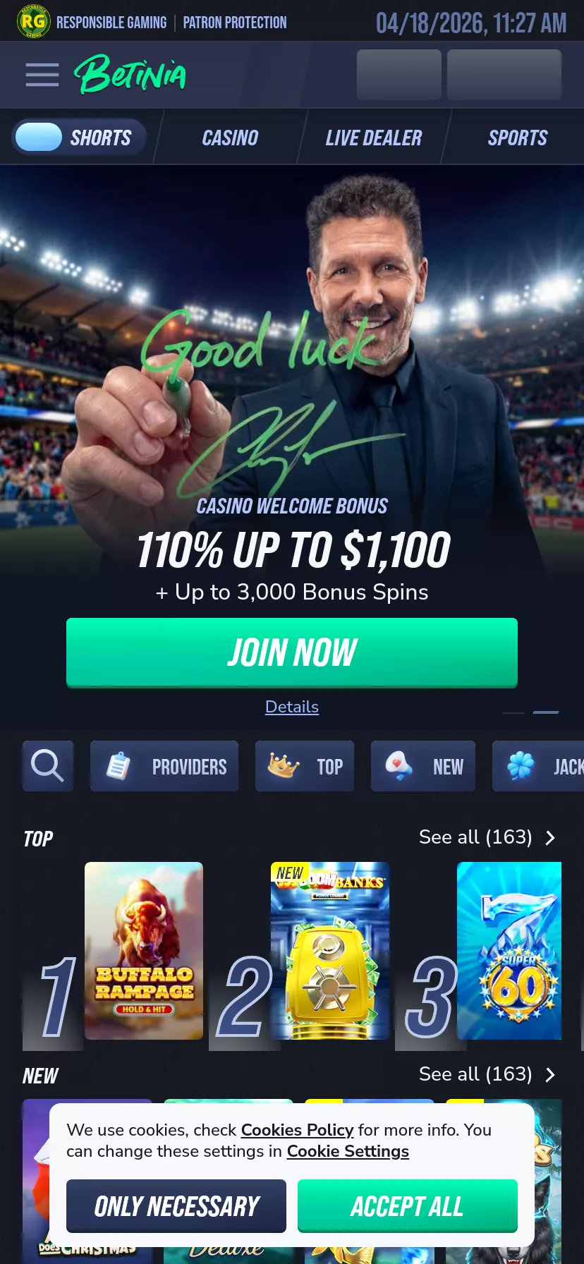 Mobile screen. Betinia 100% up to $500 + 200 FS