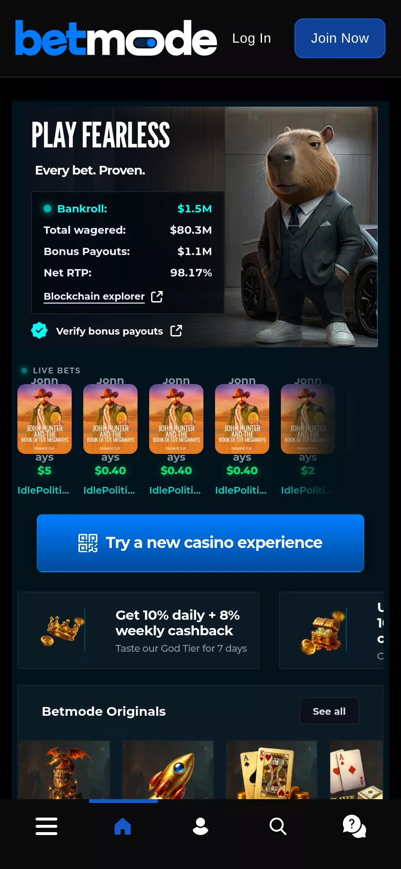 Mobile screen. Betmode 100% up to $100000