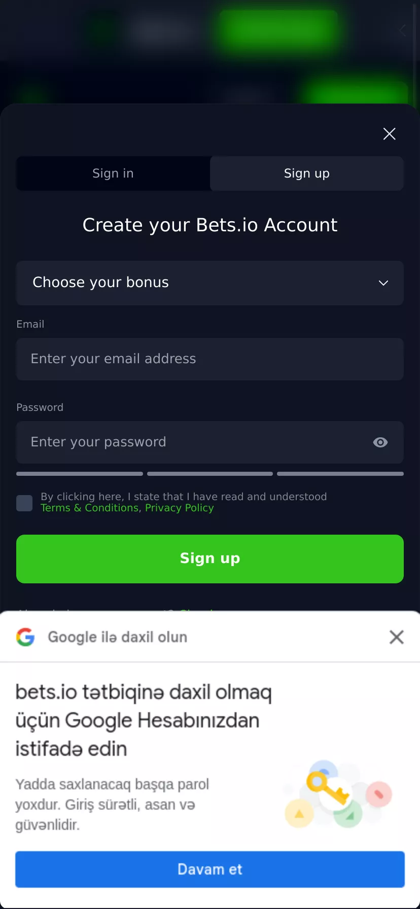Mobile screen. Bets.io 100% up to ₿1 + 100 FS