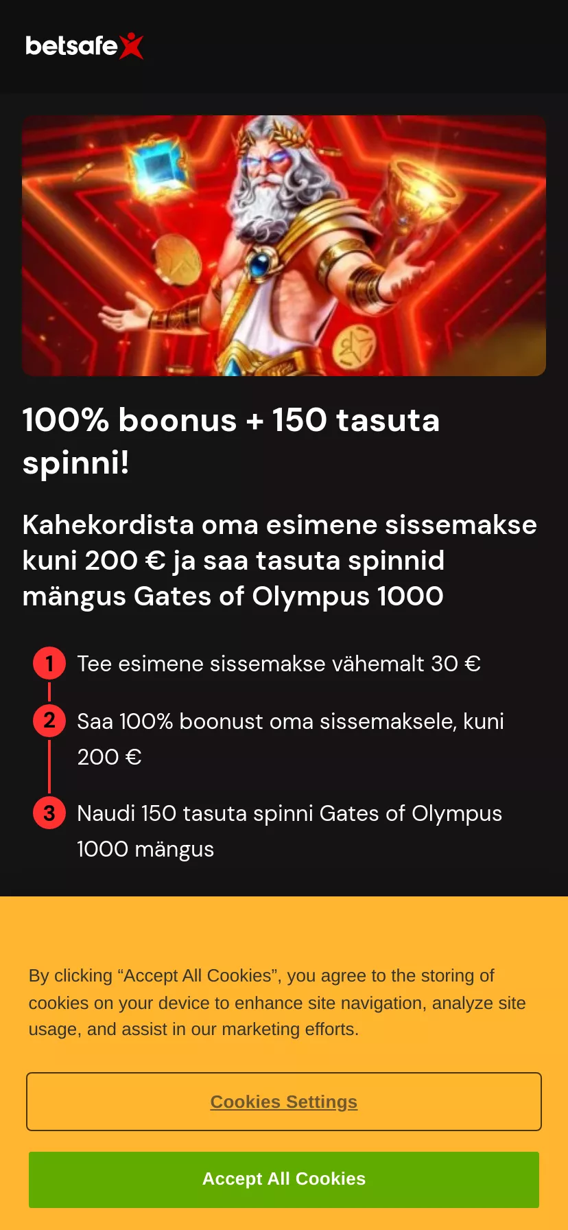 Mobile screen. Betsafe 100% up to €100 + 150 FS