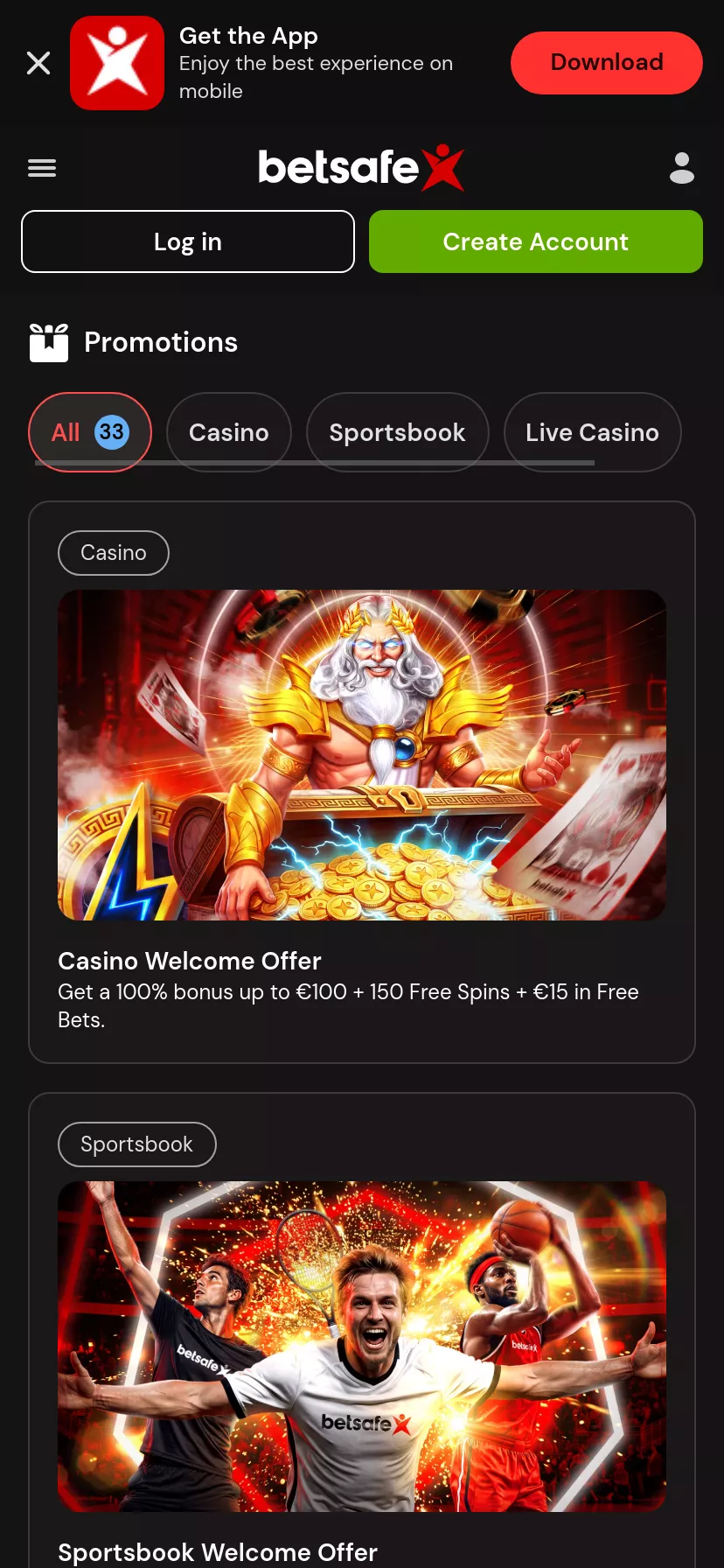 Mobile screen. Betsafe 100% up to €100 + 150 FS