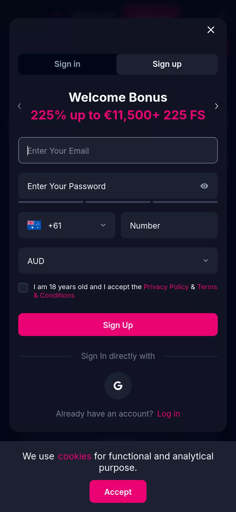 Mobile screen. Betsio.com Up to A$17250 + 225 FS