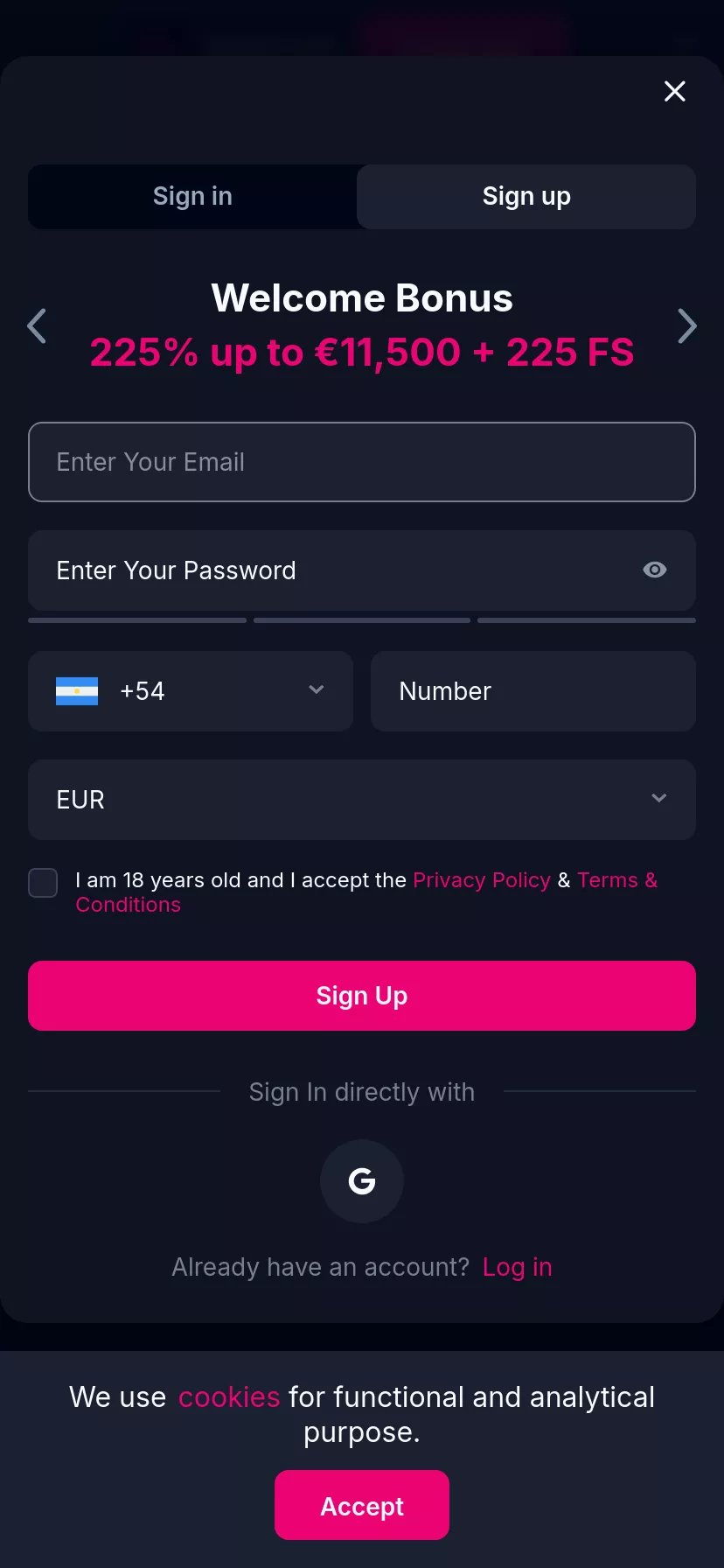 Mobile screen. Betsio.com Up to $11500 + 225 FS