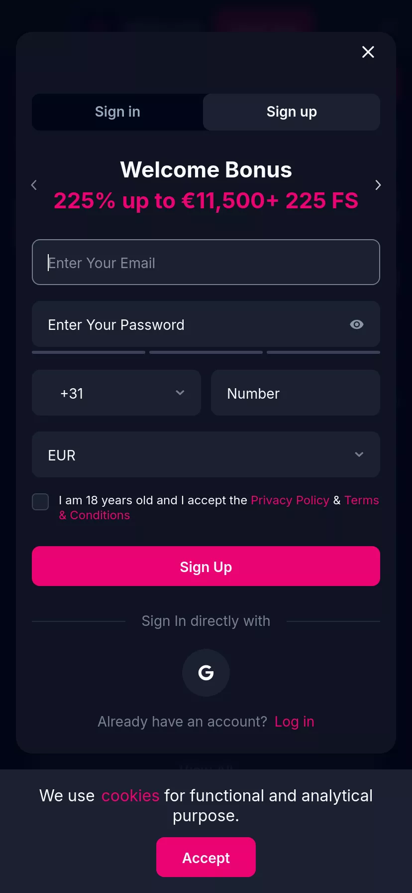 Mobile screen. Betsio.com Up to €11500 + 225 FS