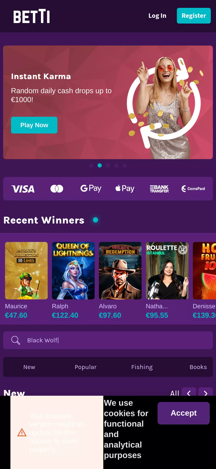 Mobile screen. Betti Casino 100% up to €750 + 150 FS