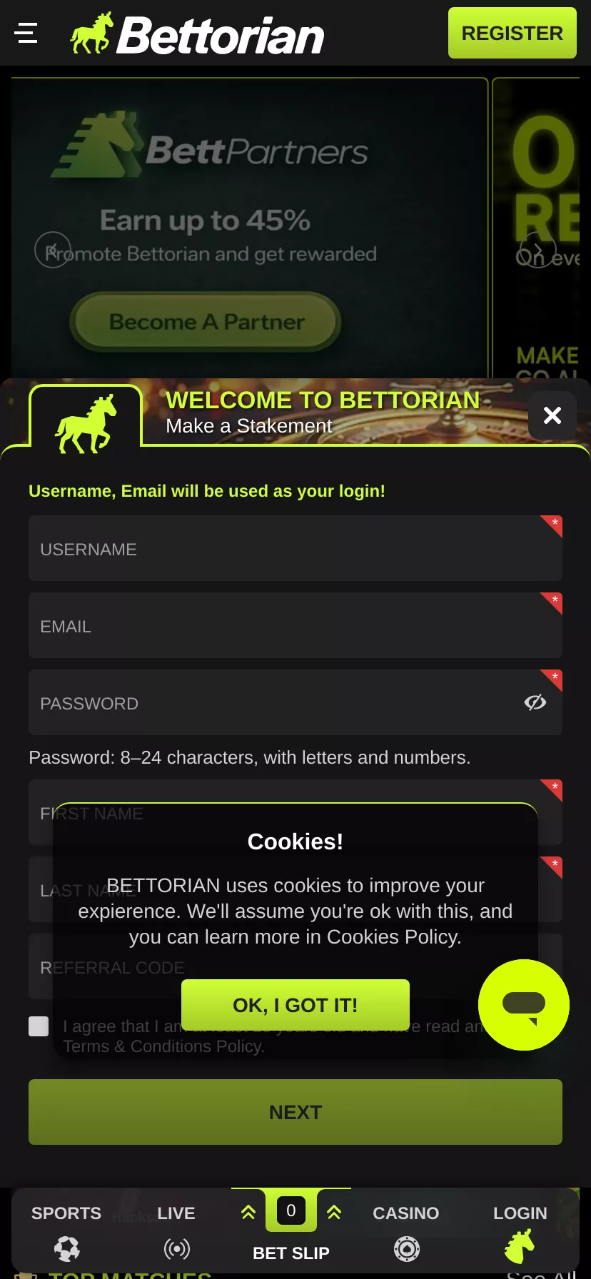 Mobile screen. Bettorian Get 900 FS