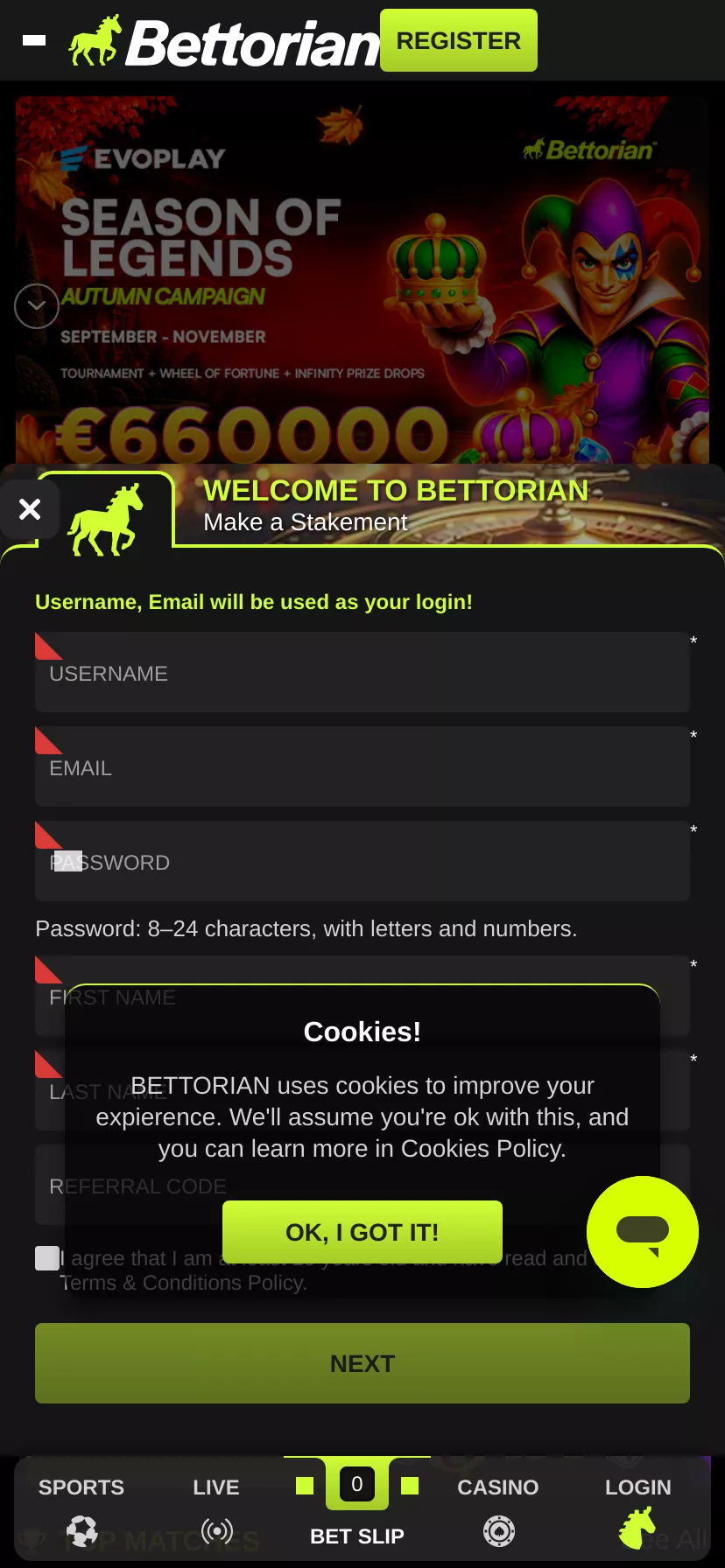 Mobile screen. Bettorian Get 900 FS