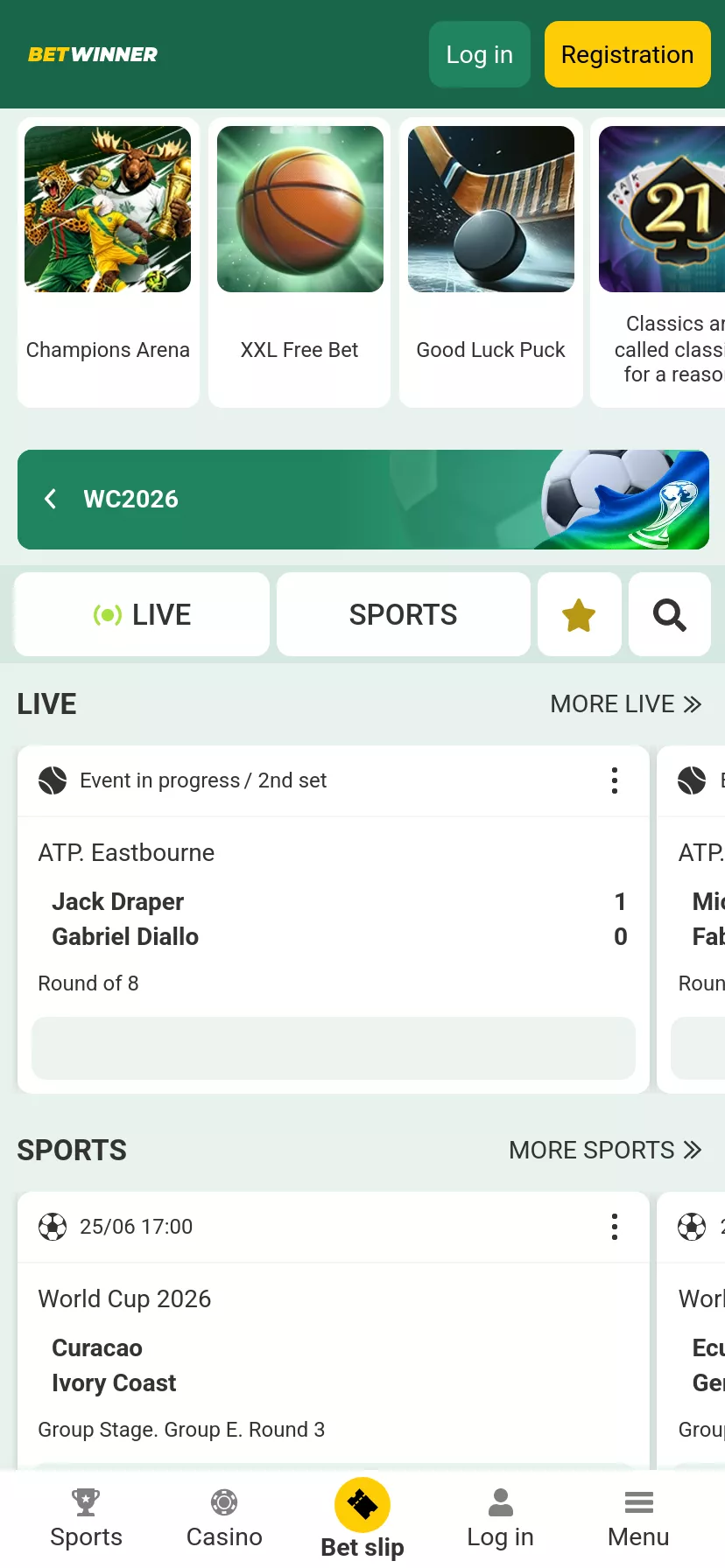 Mobile screen. Betwinner 100% up to $100