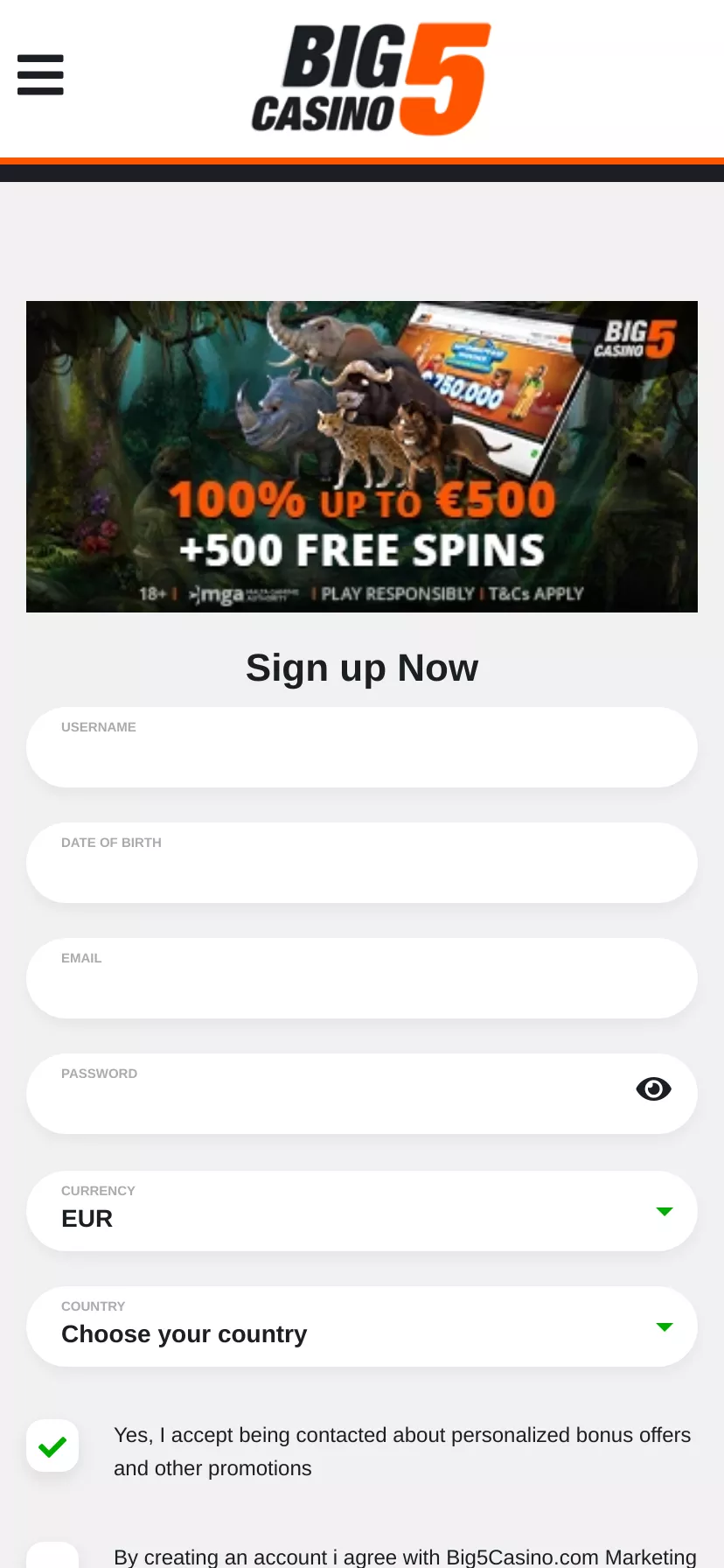 Mobile screen. Big 5 Casino Up to $3000 + 305 FS