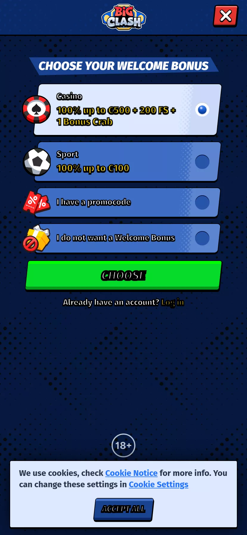 Mobile screen. BigClash Get 15% cashback up to $3000