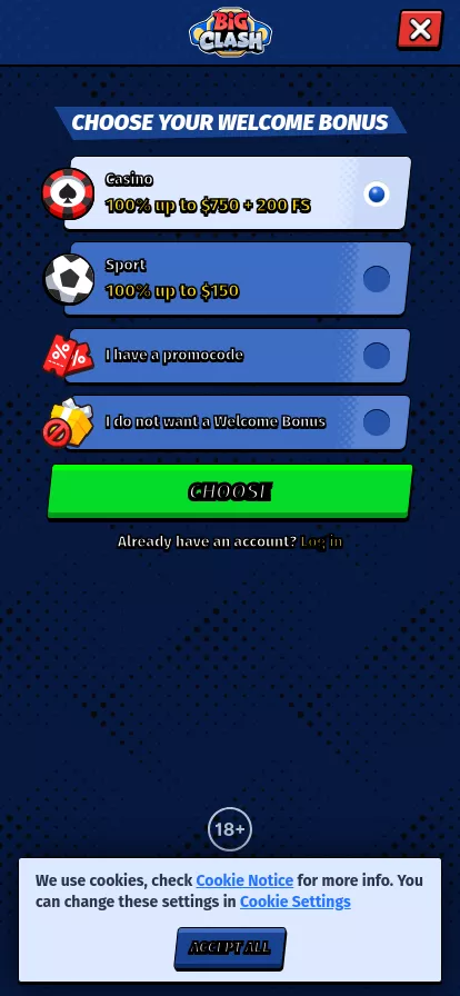 Mobile screen. BigClash 100% up to C$750 + 200 FS + 1 Bonus Crab
