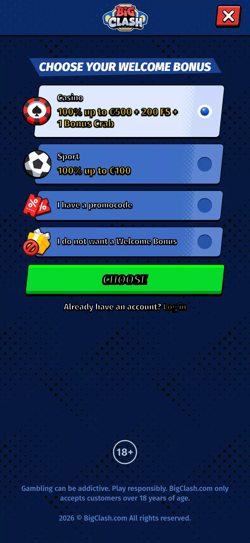 Mobile screen. BigClash 100% up to $500 + 200 FS + 1 Bonus Crab