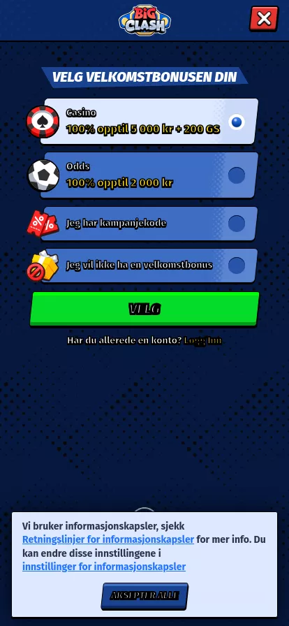 Mobile screen. BigClash 100% up to kr5000 + 200 FS + 1 Bonus Crab