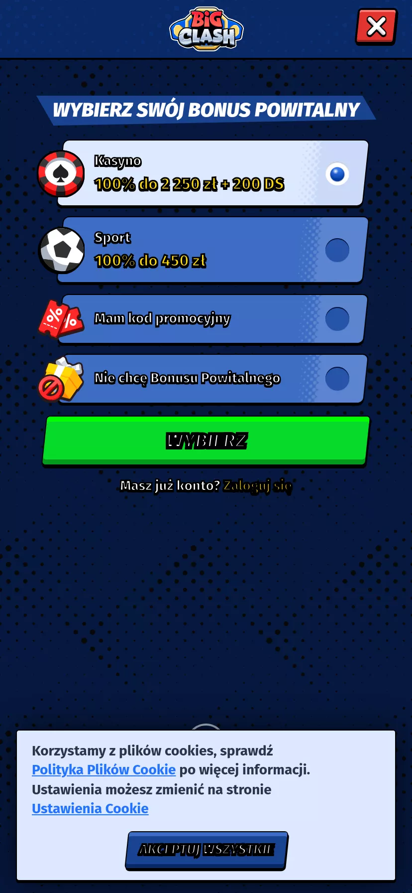 Mobile screen. BigClash 100% up to zł2250 + 200 FS + 1 Bonus Crab