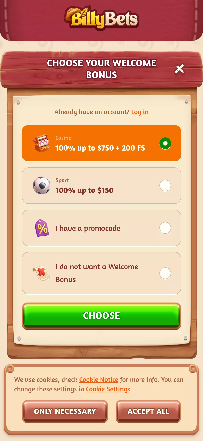 Mobile screen. BillyBets 100% up to C$750 + 200 FS