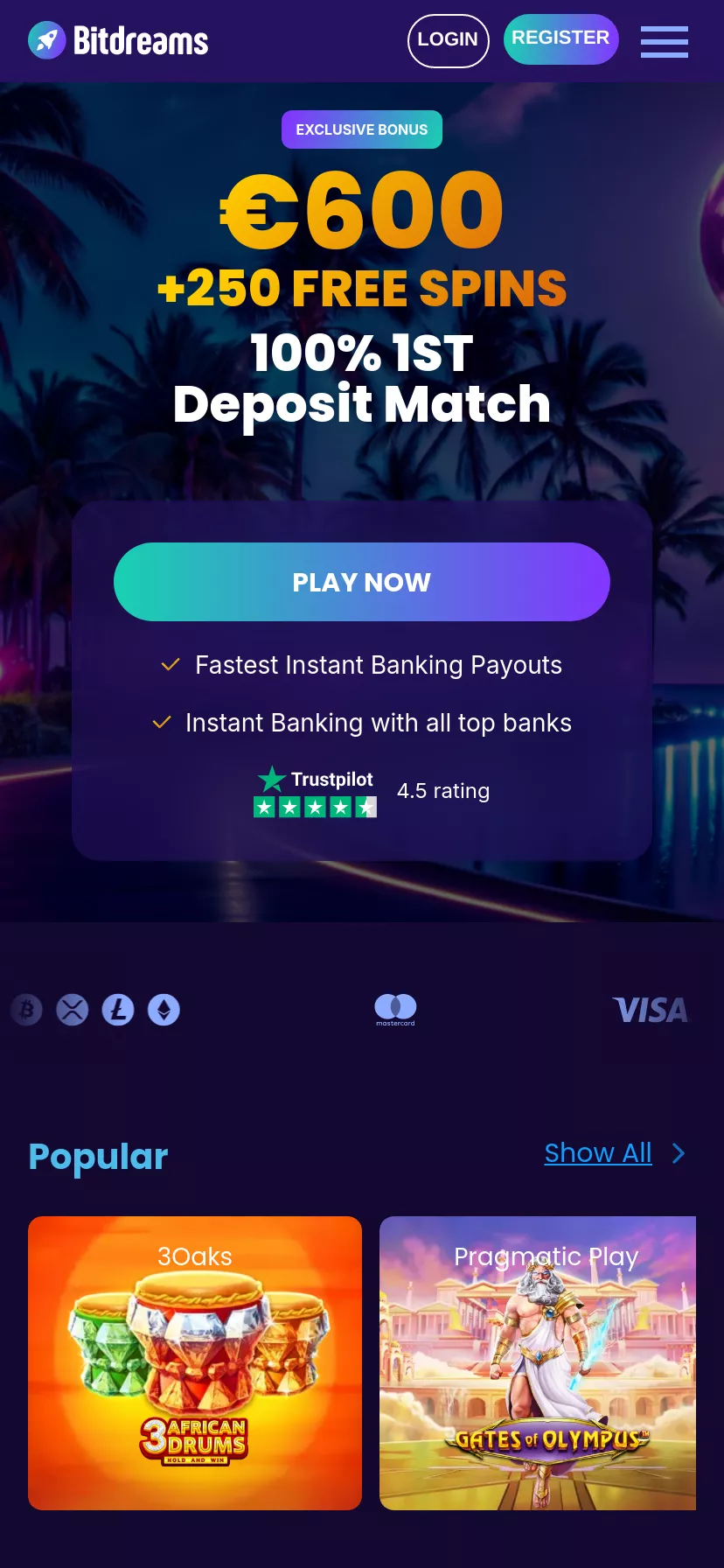 Mobile screen. Bitdreams Casino Up to $2000 + 200 FS