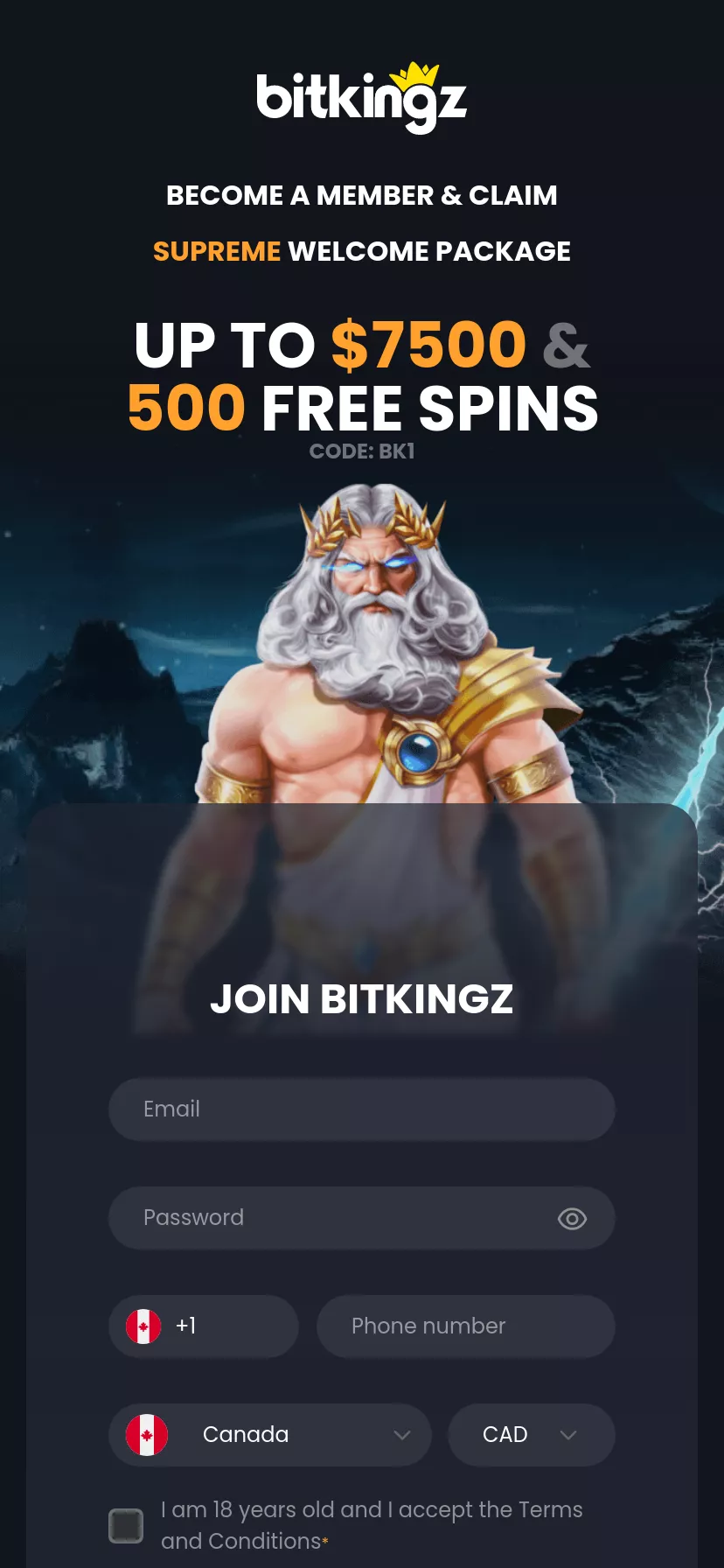Mobile screen. Bitkingz 150% up to C$200 + 150 FS