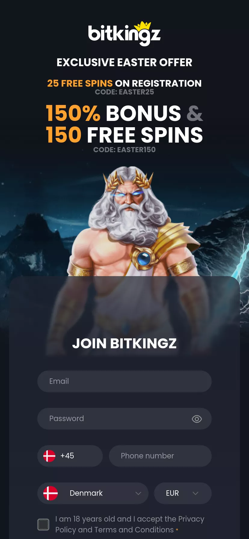 Mobile screen. Bitkingz 150% up to €150 + 150 FS